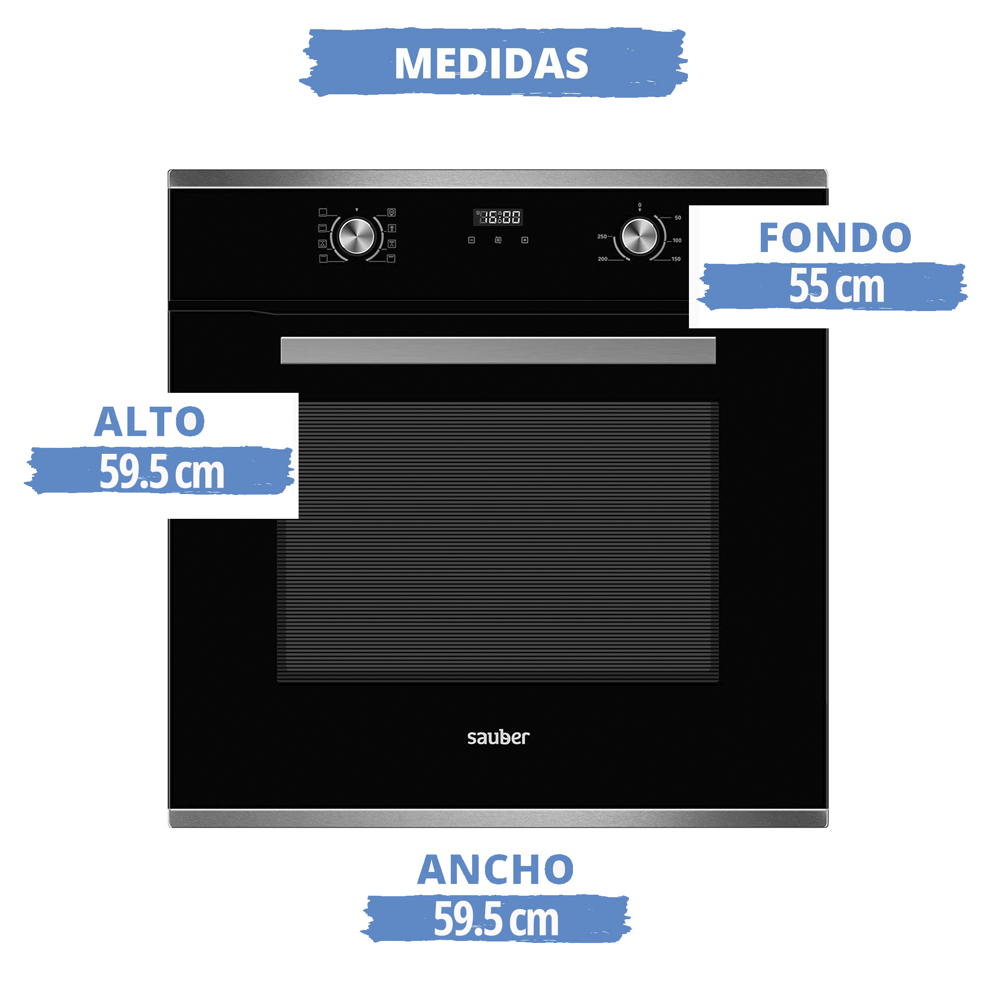 Horno negro con controles digitales, dimensiones: Al 59,5 cm, An 59,5 cm, Fo 55 cm.
