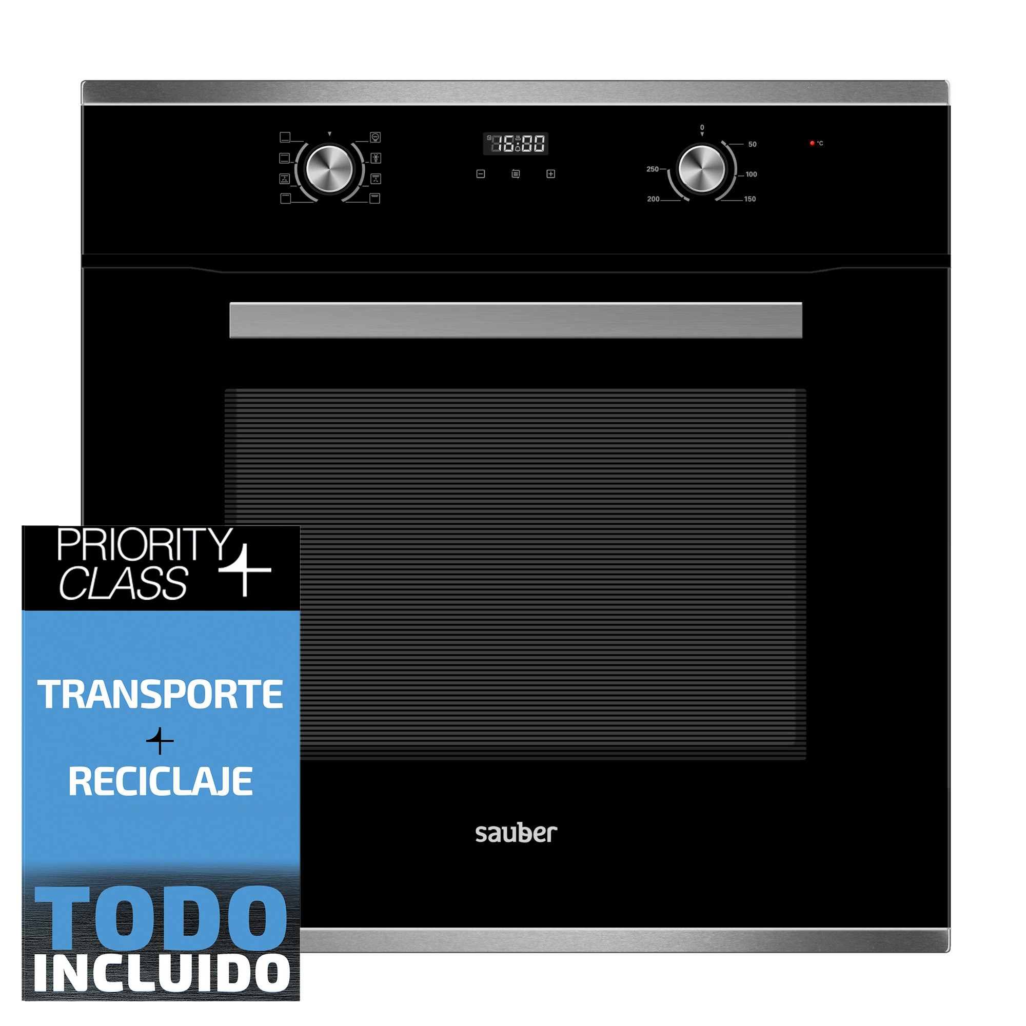 Horno Sauber negro con controles digitales, dial de temperatura y pegatina "Priority Class".
