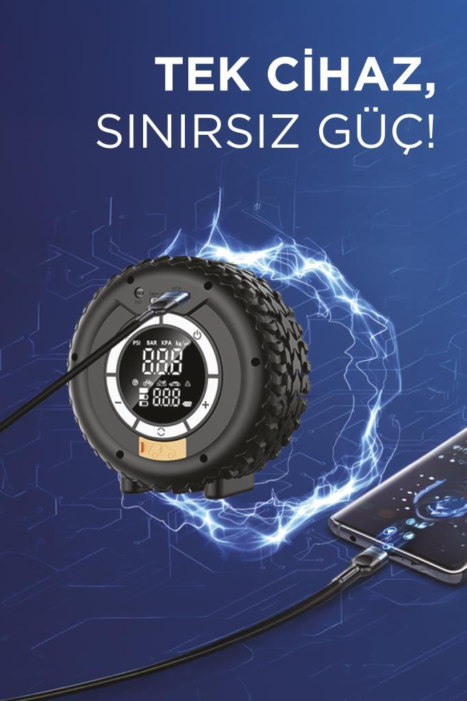 Siyah, lastik şeklinde, ekranlı ve kablolu şişirici bir akıllı telefonu şarj ediyor.
