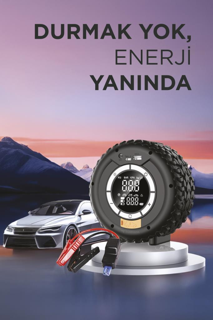 Dijital ekranlı lastik şişirici, araç akü kabloları ve gümüş renkli bir araba.
