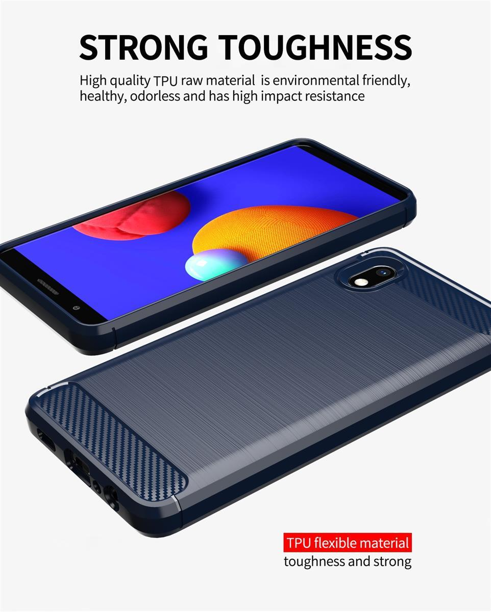 Cover per telefono in TPU blu scuro con accenti in carbonio, una appoggiata sullo schermo di uno smartphone.