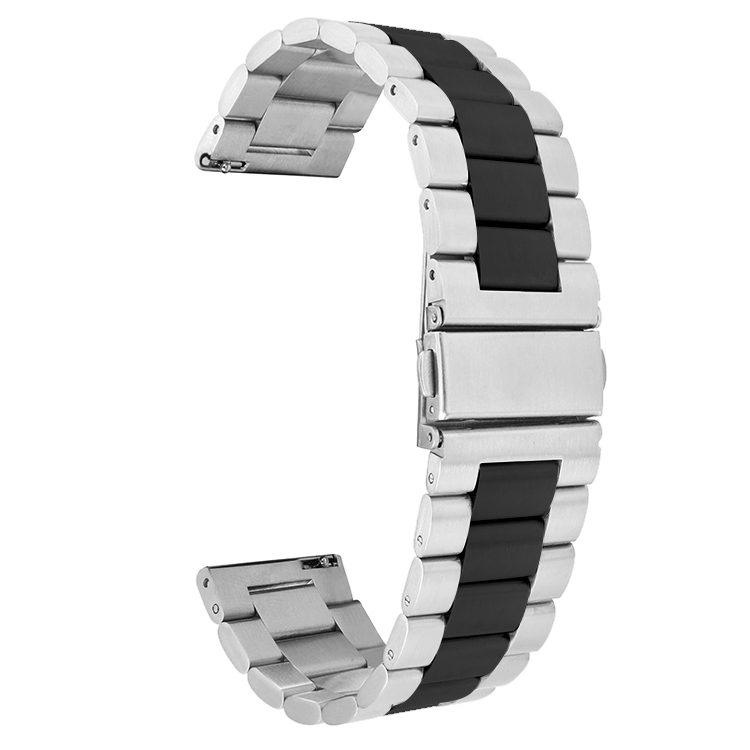 Ein silbernes und schwarzes Uhrenarmband mit Gliedern und einem Verschluss.