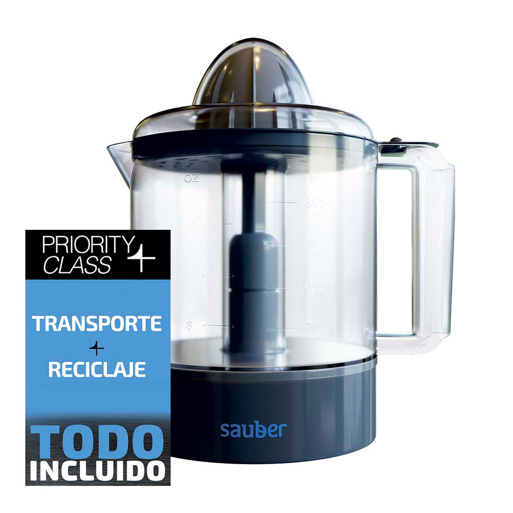 Un exprimidor transparente con escala de medición y base oscura.