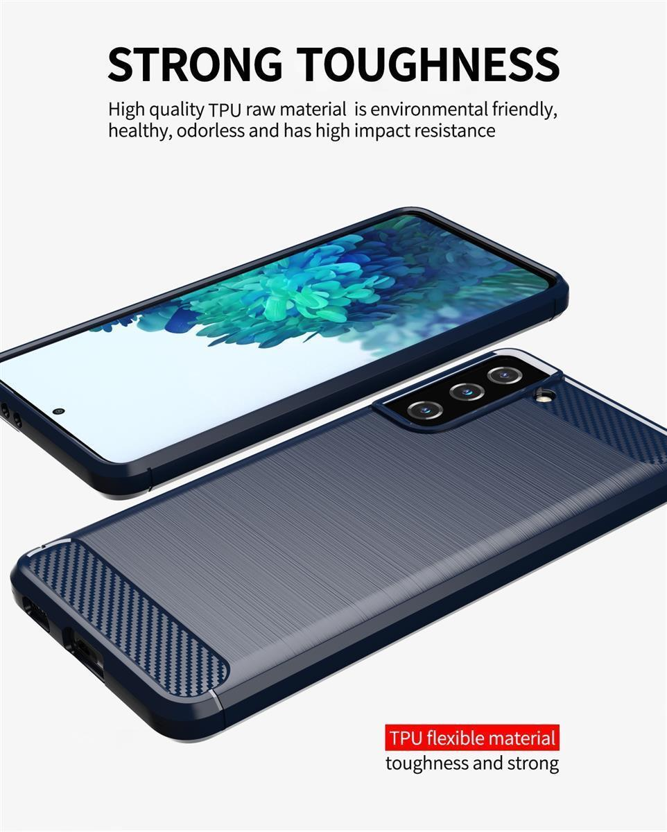 Custodia blu per telefono con accenti in fibra di carbonio su un telefono.