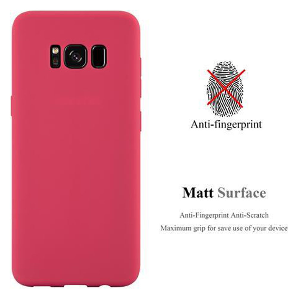 Cover rossa per telefono con foro fotocamera e icona anti-impronta.
