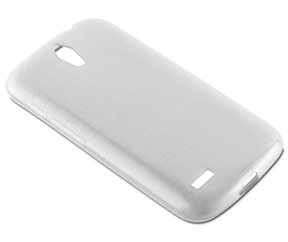 Una custodia bianca per telefono con texture spazzolata e ritagli per fotocamera e porte.