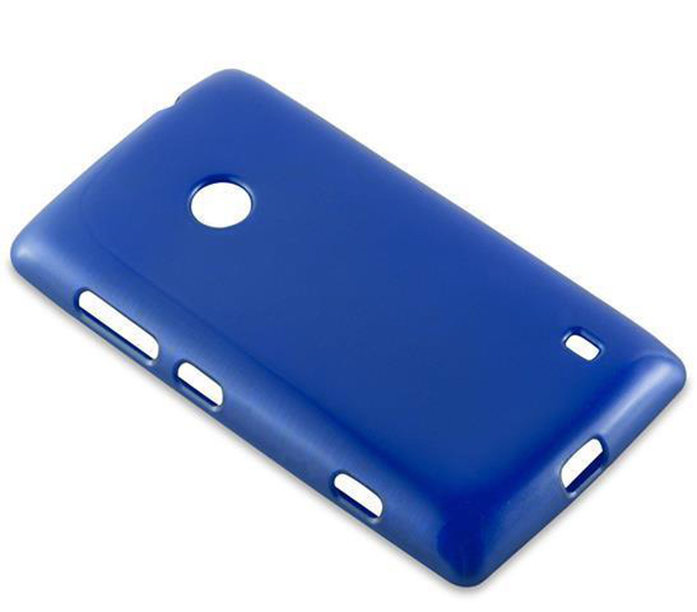 Una custodia per telefono blu è mostrata su sfondo bianco. Ha ritagli per pulsanti e fotocamera.