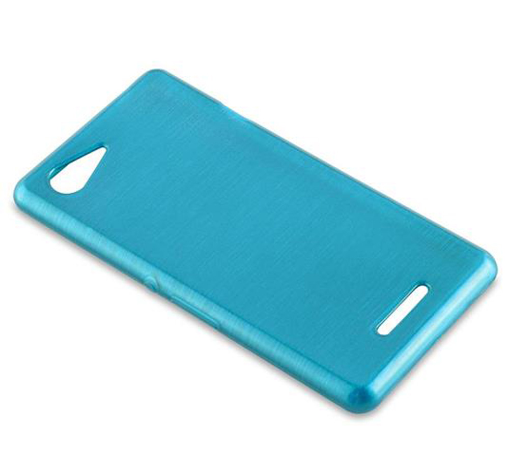 Una funda de teléfono turquesa con acabado cepillado y recortes.