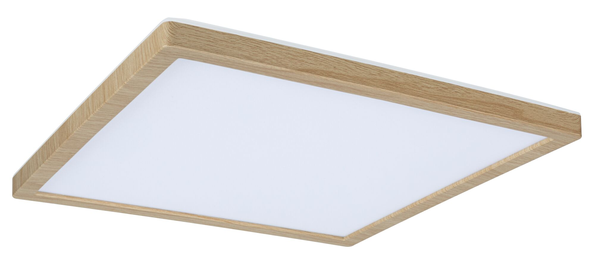 Eine rechteckige Deckenleuchte mit Holzrahmen und weißer Abdeckung.