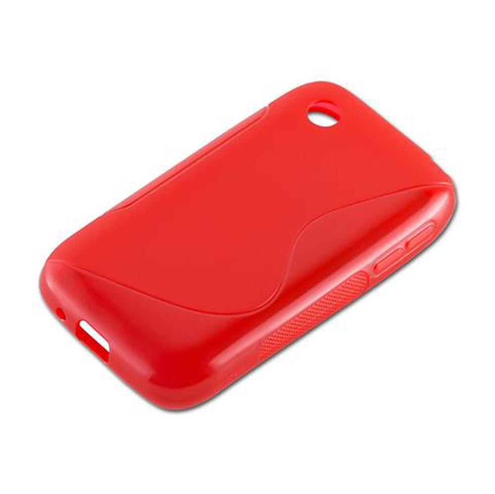 Custodia rossa per telefono con ritagli per fotocamera e porte.
