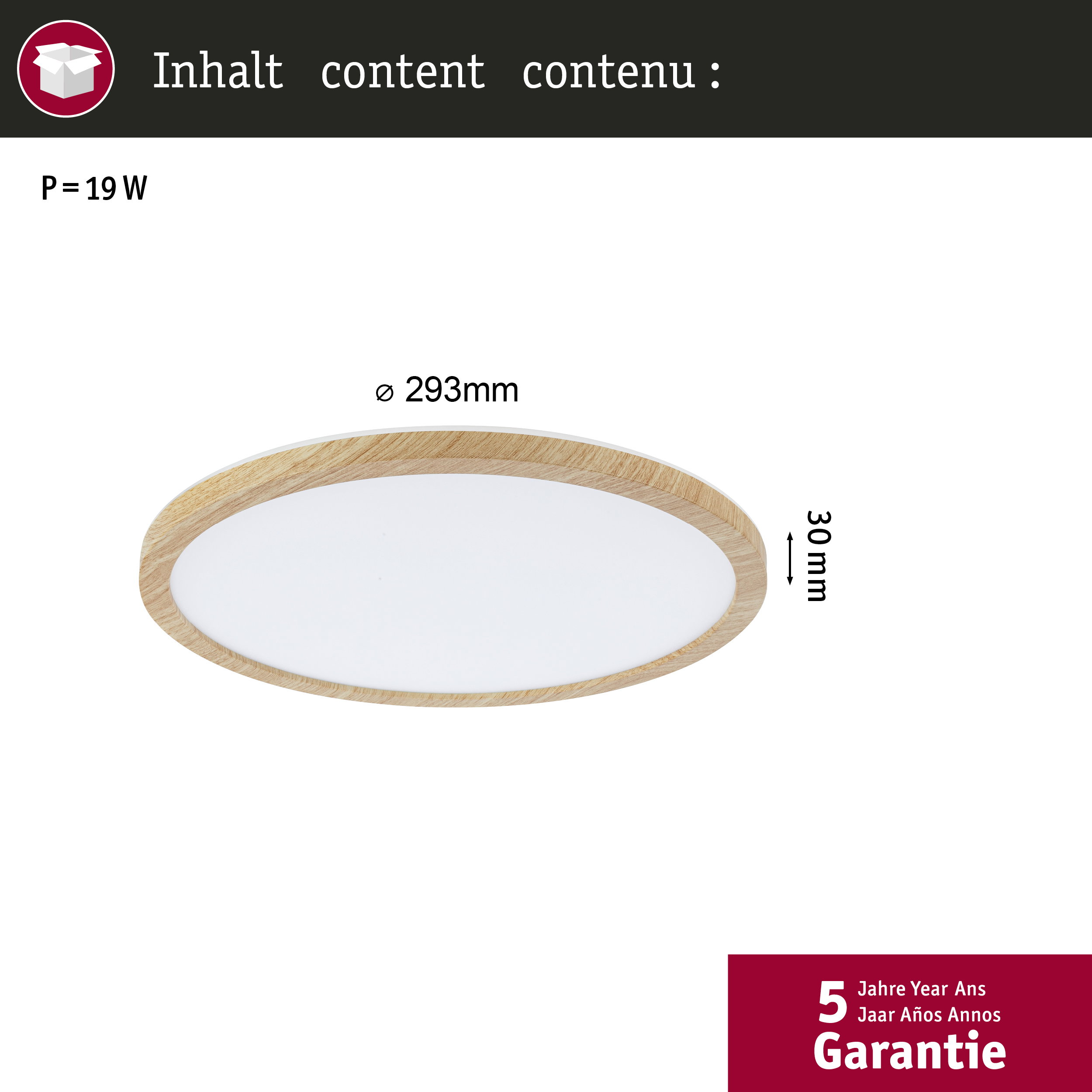 Una plafoniera rotonda con cornice in legno, diametro 293mm, altezza 30mm.