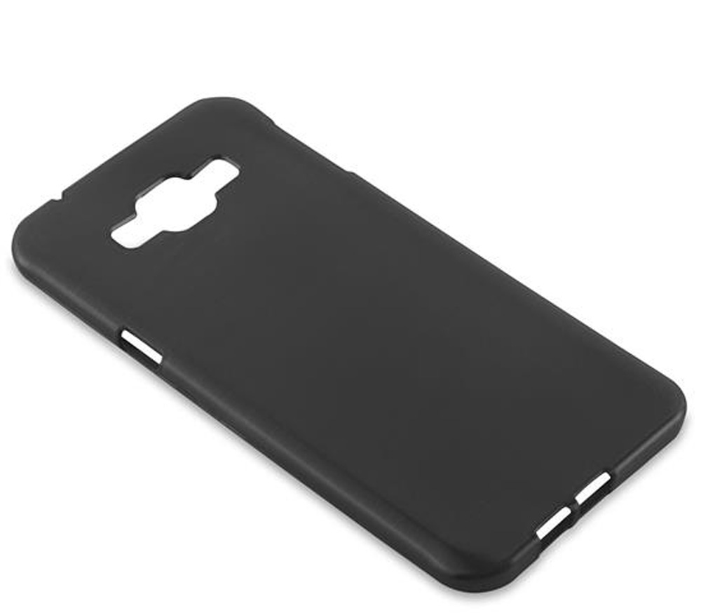 Custodia nera per telefono con ritagli per fotocamera e pulsanti.