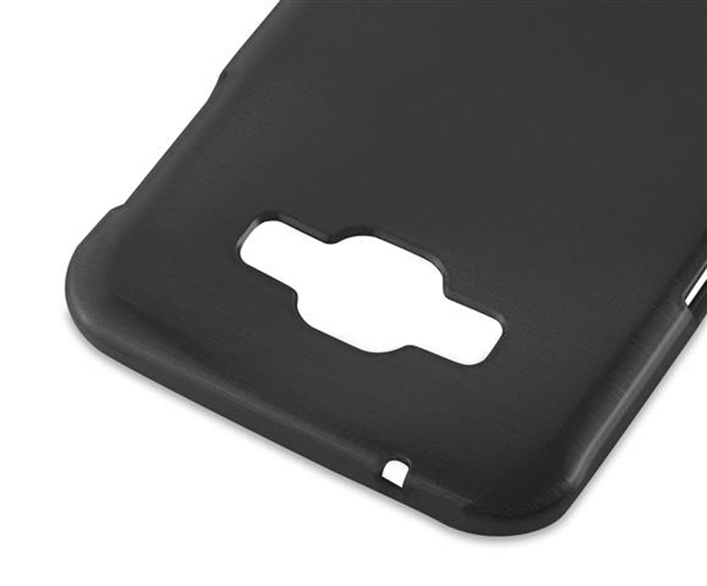 Custodia nera per telefono con ritagli per fotocamera e porta di ricarica.