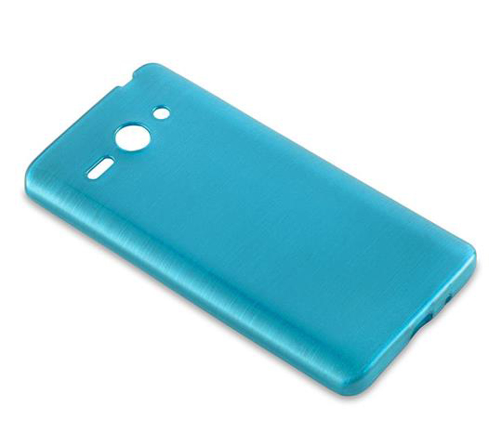 Una cover posteriore blu per telefono con ritagli per fotocamera e flash.