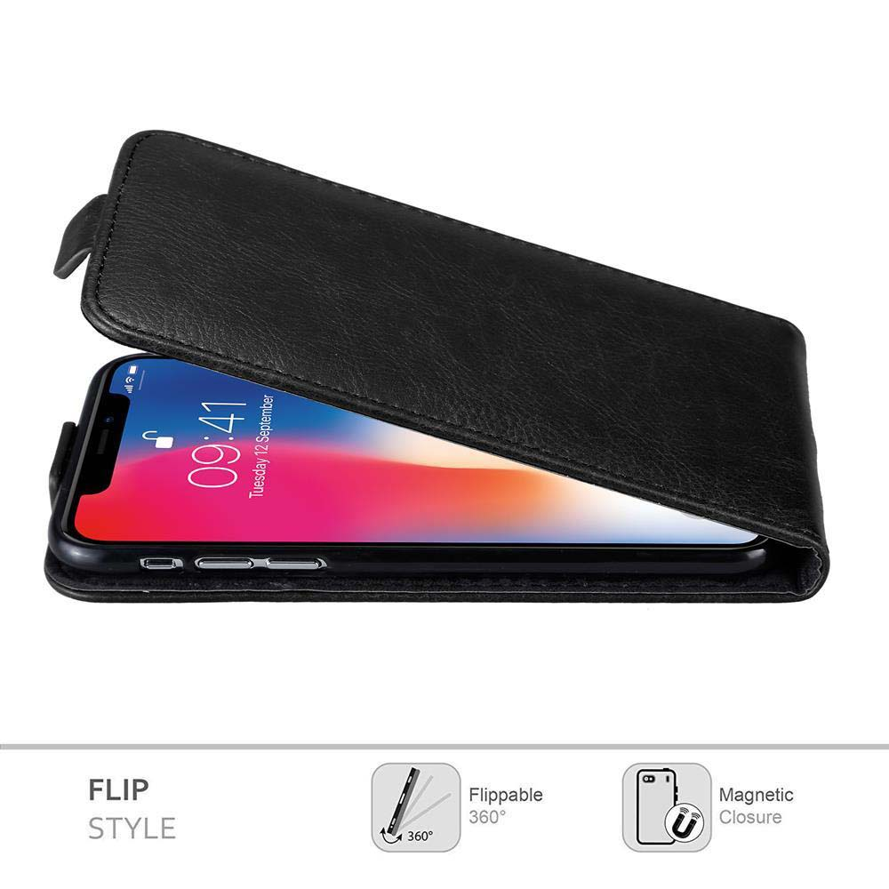 Schwarzes Leder-Flip-Case für ein Smartphone mit gesperrtem Bildschirm.