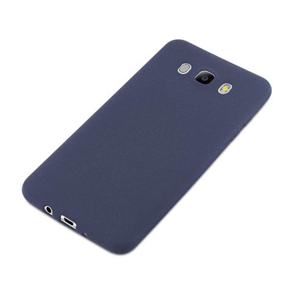Custodia per telefono blu scuro con ritaglio fotocamera e porte.