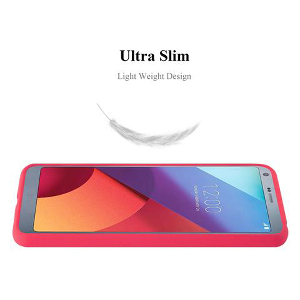 Uno smartphone sottile in custodia rossa, che mostra una piuma.