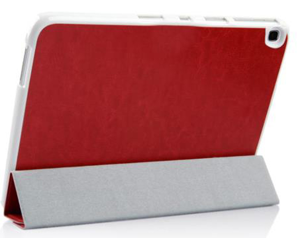 Eine rote Tablet-Hülle mit weißem Rahmen und grauem Ständer wird gezeigt.