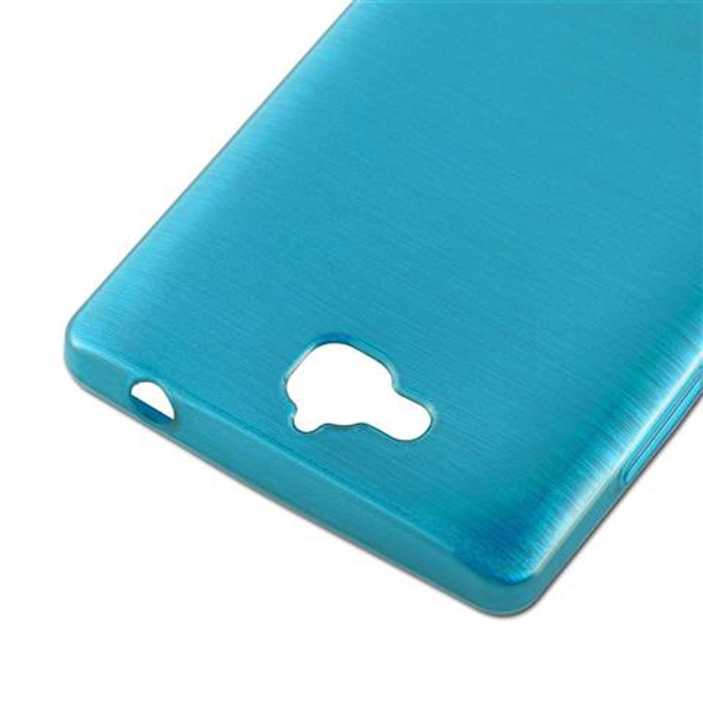 Funda de teléfono azul con recortes para cámara y puertos.