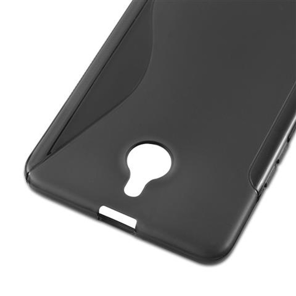 Custodia per telefono grigio scuro con ritaglio fotocamera e pulsanti laterali.