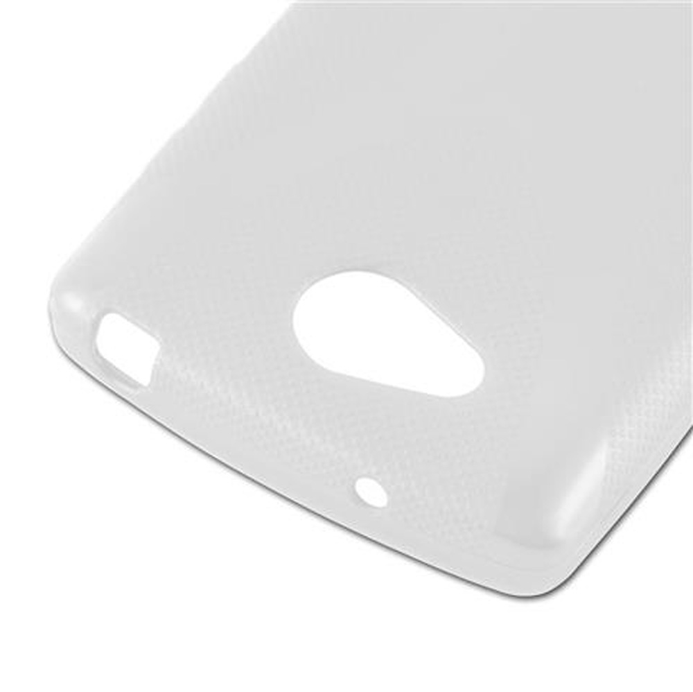 Custodia bianca per telefono con ritagli per fotocamera e porte.