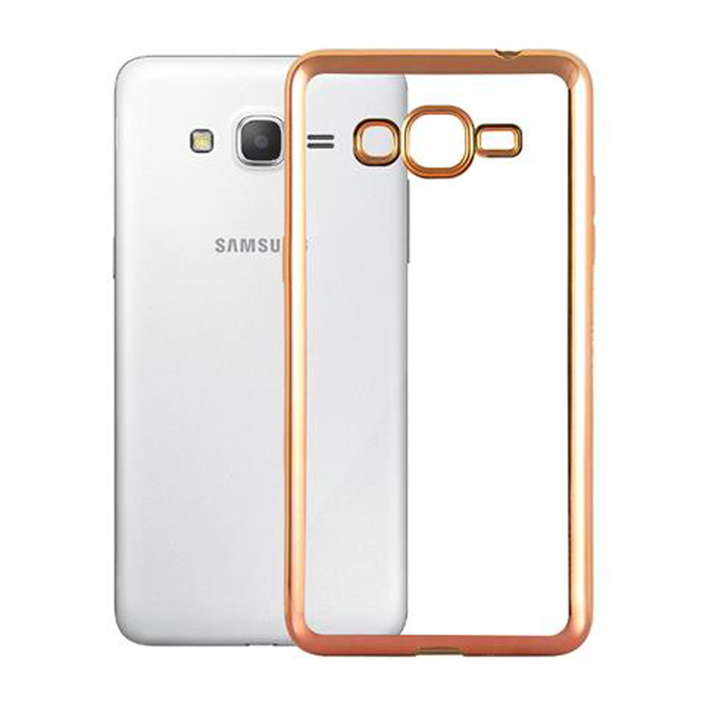 Un telefono Samsung bianco accanto a una custodia trasparente con cornice color rame.