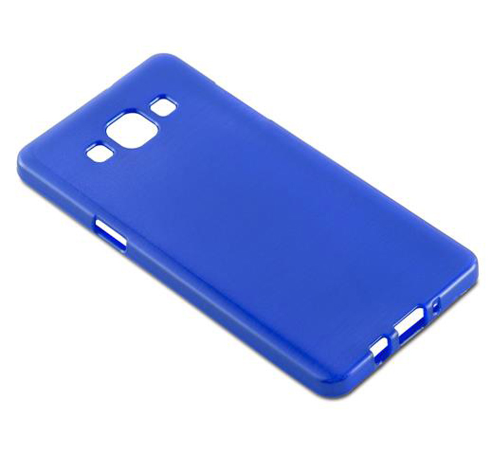 Una funda de teléfono azul con recortes para cámara y botones sobre fondo blanco.
