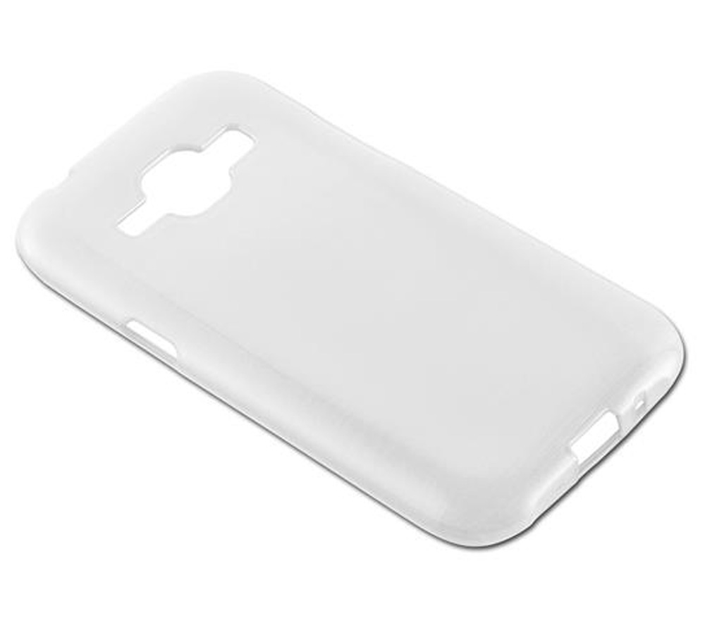 Una cover bianca per telefono giace su sfondo bianco.