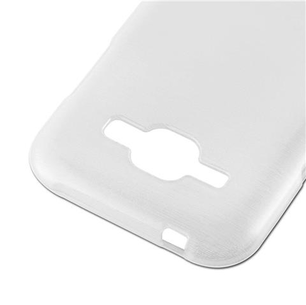 Primo piano di una custodia per telefono bianca e traslucida con ritagli per fotocamera e pulsanti.