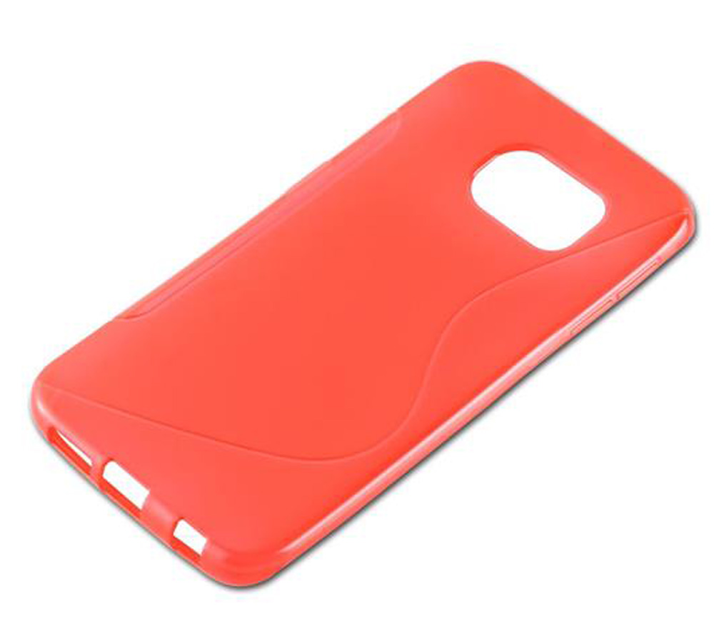 Una custodia per telefono in gomma rosso corallo brillante con ritagli per fotocamera e porte.
