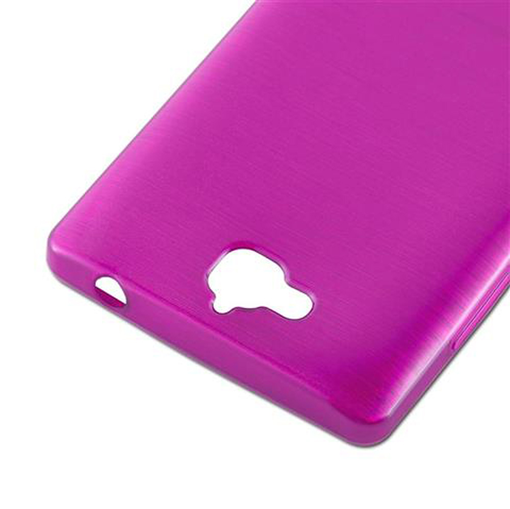Funda de teléfono morada brillante con recortes para cámara y puertos.