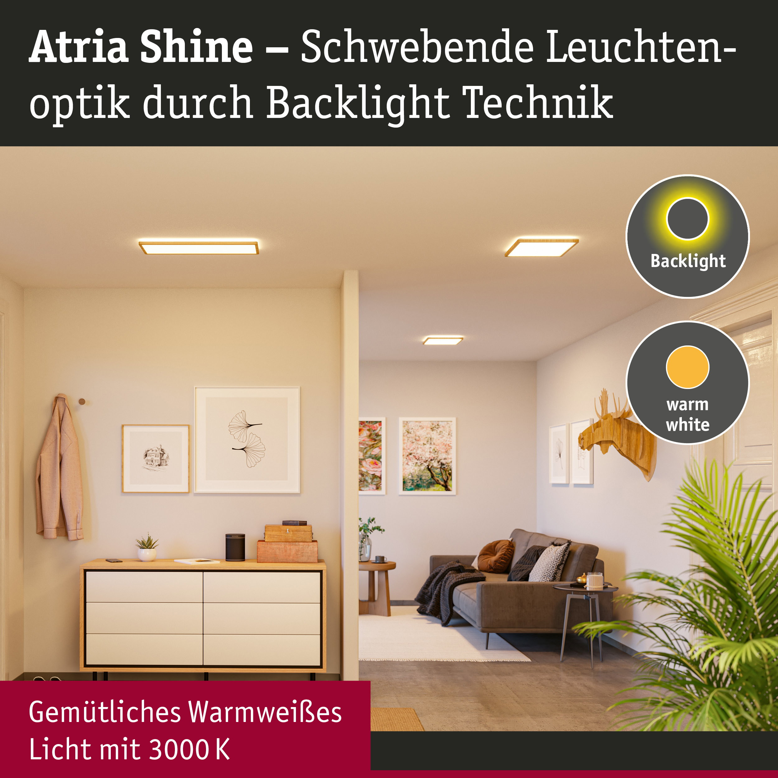 Moderne Leuchten mit Holzrahmen und warmweißem Licht. Deko mit Hirschkopf.