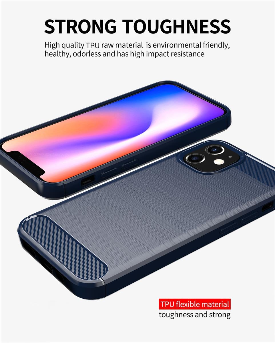 Custodia per telefono in TPU blu scuro con motivo in fibra di carbonio su smartphone.