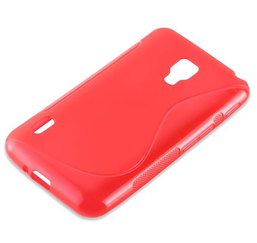 Cover rossa per telefono con ritagli per fotocamera e pulsanti su sfondo bianco.