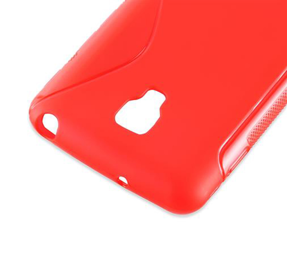 Una cover rossa per telefono con ritagli per fotocamera e porte.