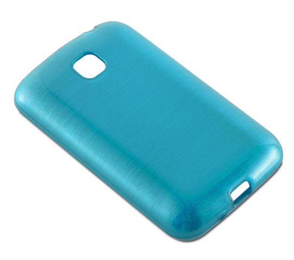 Una funda trasera de celular turquesa con textura cepillada y recortes.