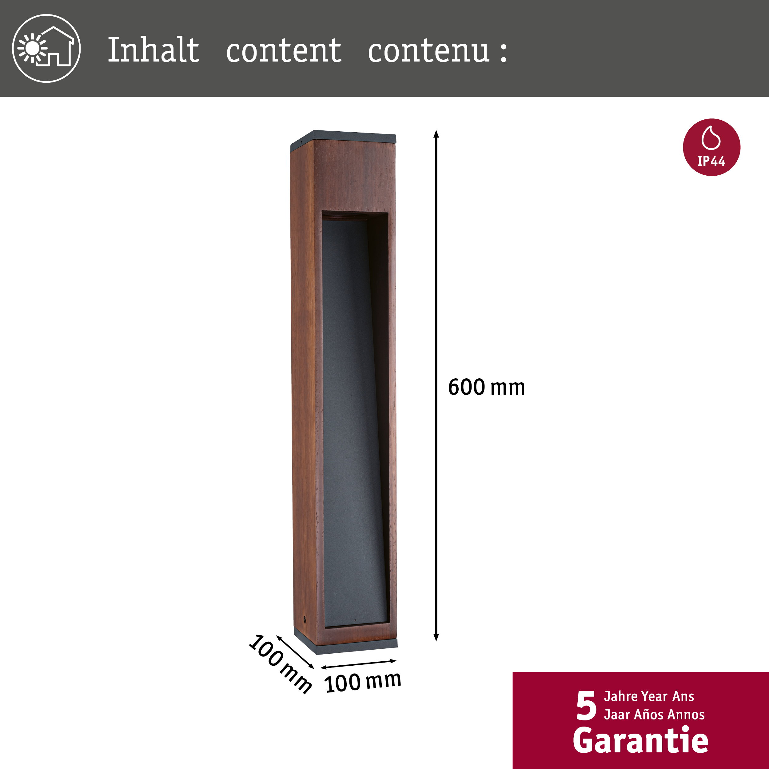 Ein 600mm hoher, 100mm breiter Holz-Außenleuchter mit IP44-Schutz.