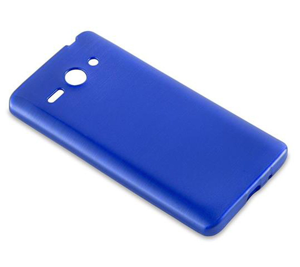 Una cover per telefono blu con ritagli per fotocamera e flash.