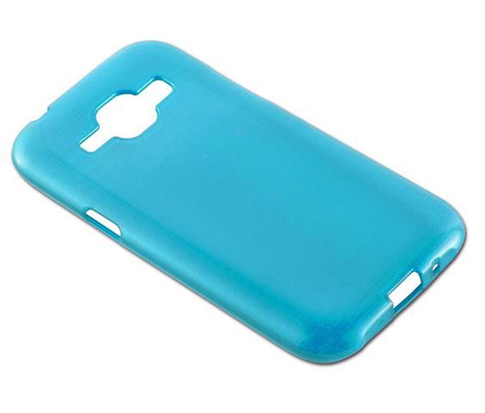 Una cover per telefono azzurra con ritagli per fotocamera e porte.