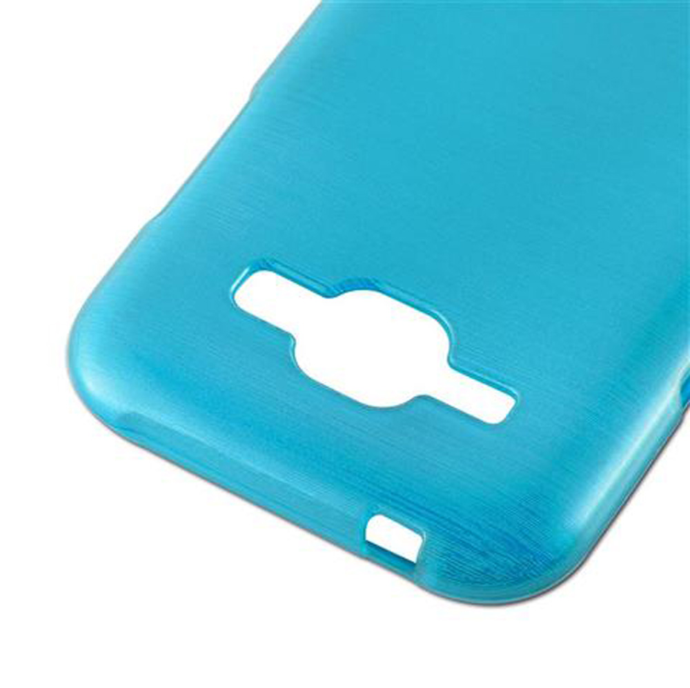 Una custodia per telefono blu con ritagli per fotocamera e flash.