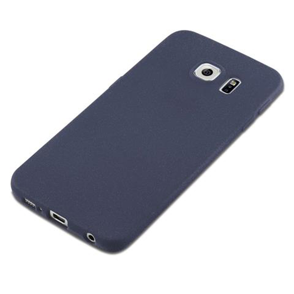 Custodia blu scuro per telefono con ritaglio fotocamera su sfondo bianco.