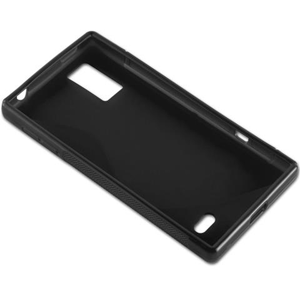Custodia nera per smartphone con lati testurizzati e ritagli per fotocamera e pulsanti.