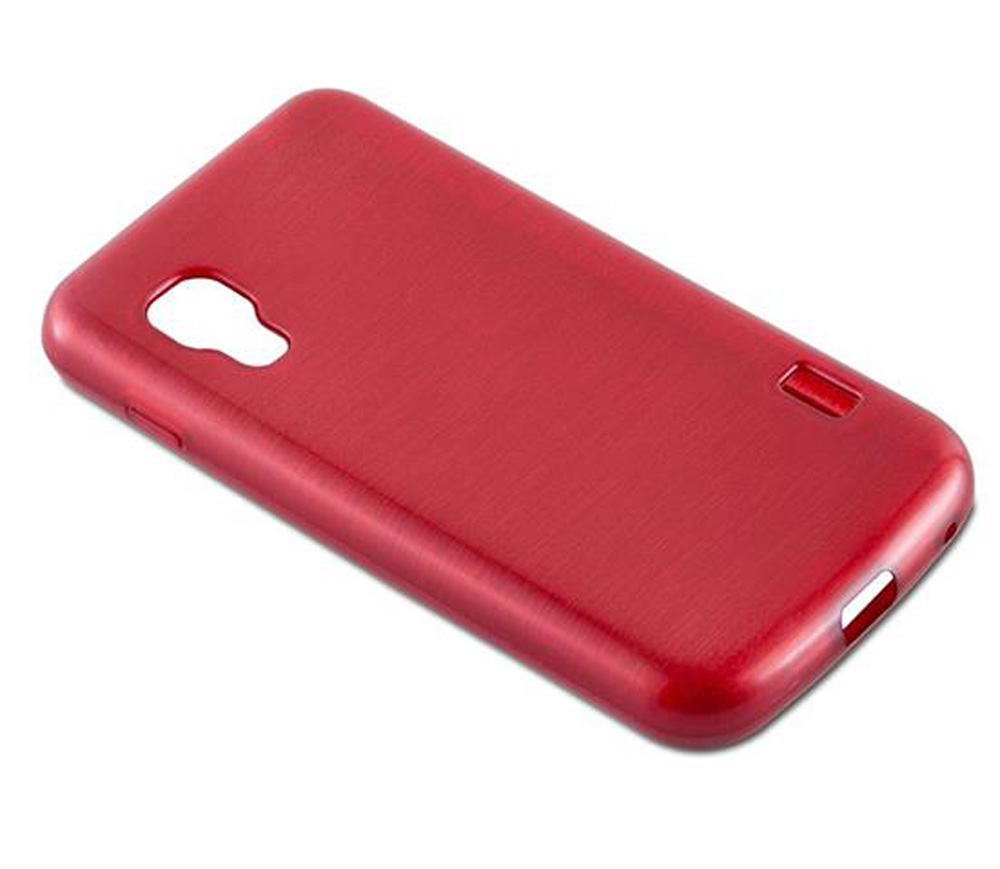 Una custodia rossa per telefono con ritagli per fotocamera e porte.