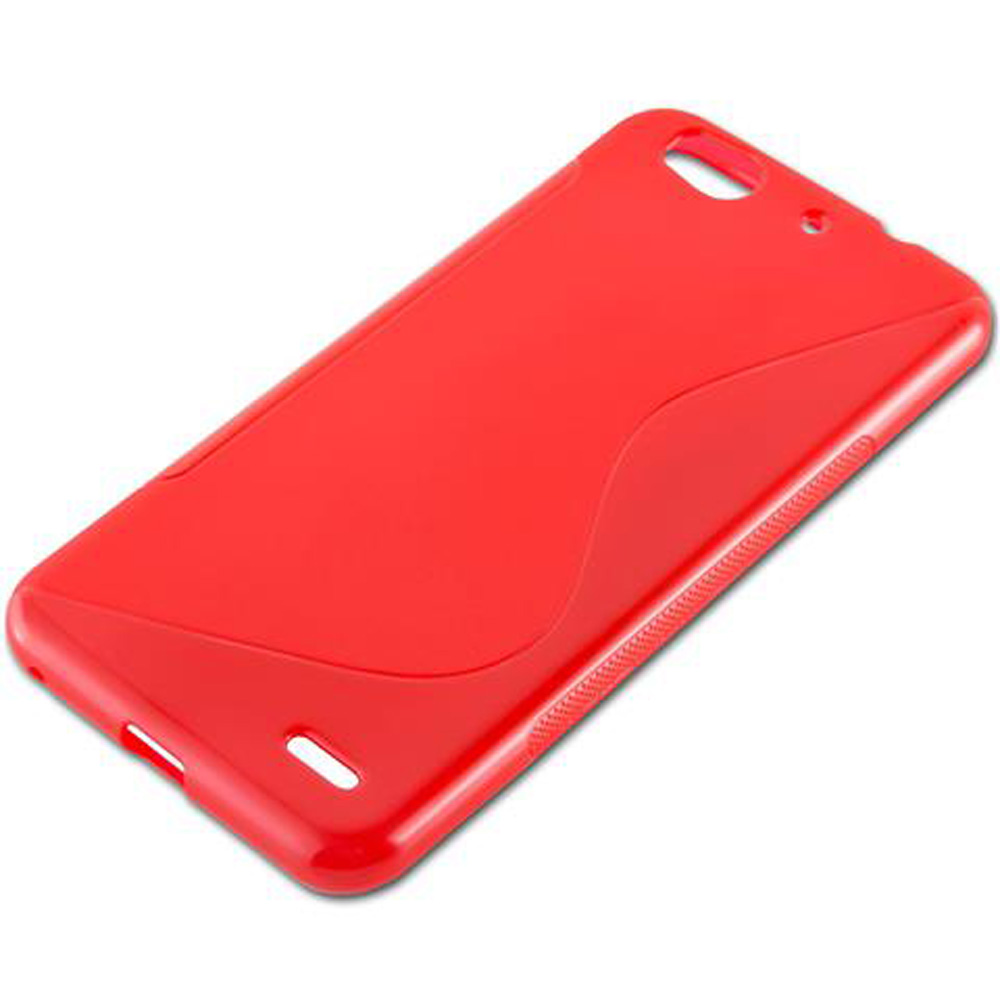 Custodia rossa per telefono con ritagli per fotocamera e porte.