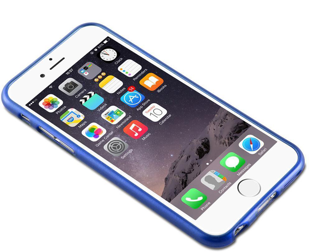 Ein blaues iPhone mit vielen App-Symbolen auf dem Bildschirm.
