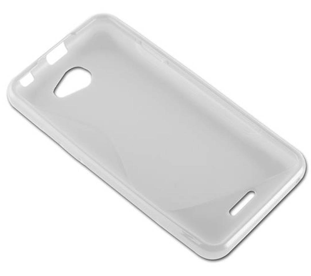 Una cover bianca trasparente per telefono con ritagli per fotocamera e pulsanti.