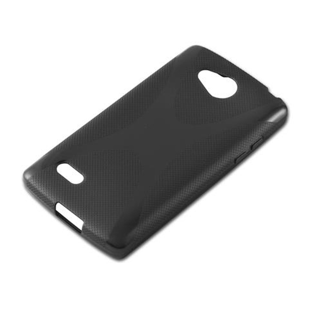 Custodia nera per telefono con motivo texturizzato e ritagli per fotocamera e porte.