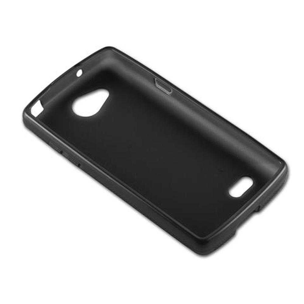 Custodia per telefono nera con ritagli per fotocamera e pulsanti.