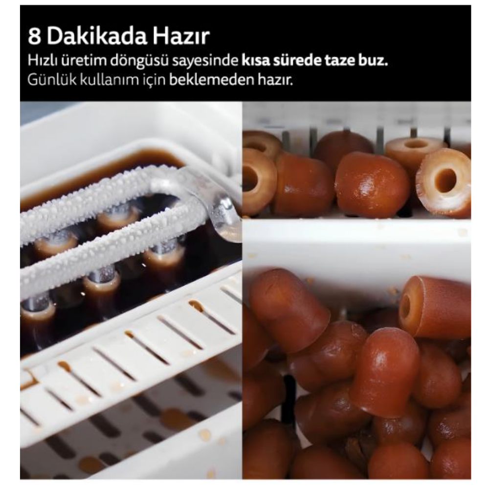 Buz yapıcı, 8 dakikada hazır buz küpleri.