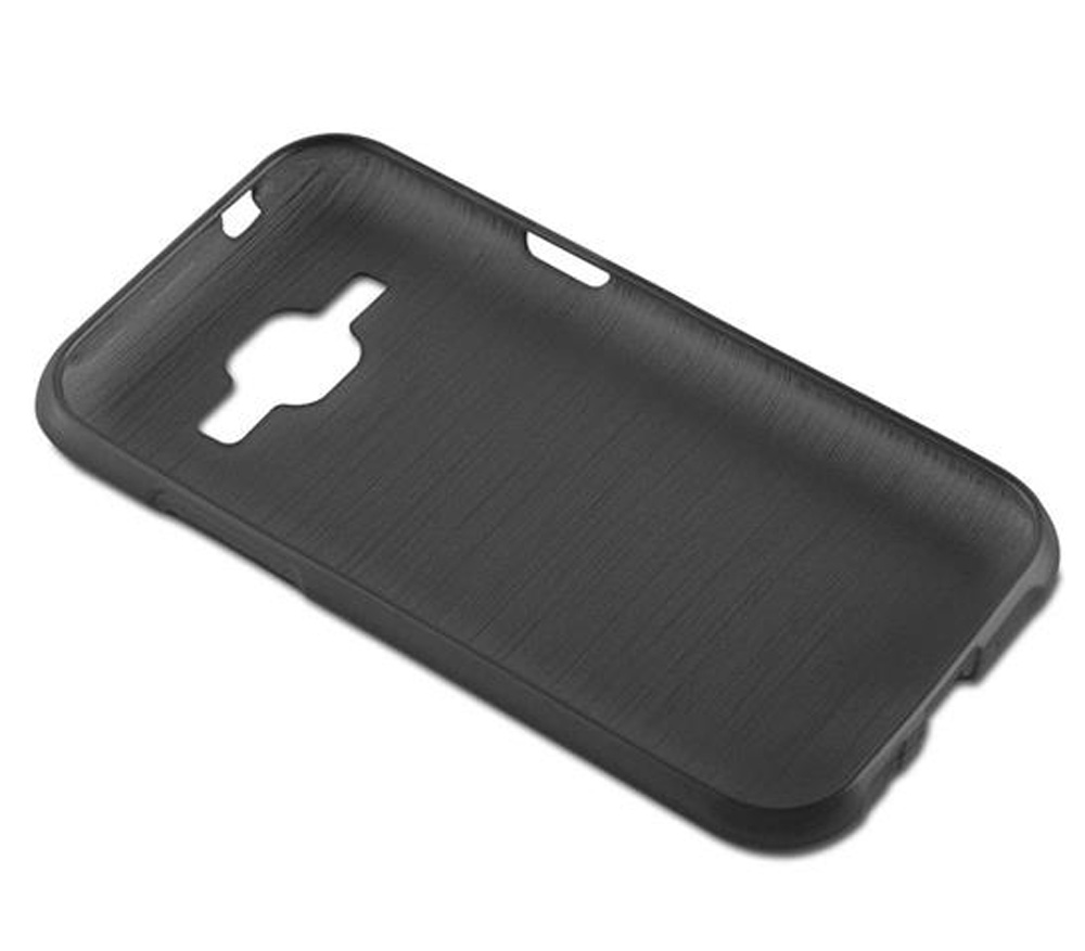 Custodia nera per telefono con texture spazzolata e ritagli per fotocamera e pulsanti.